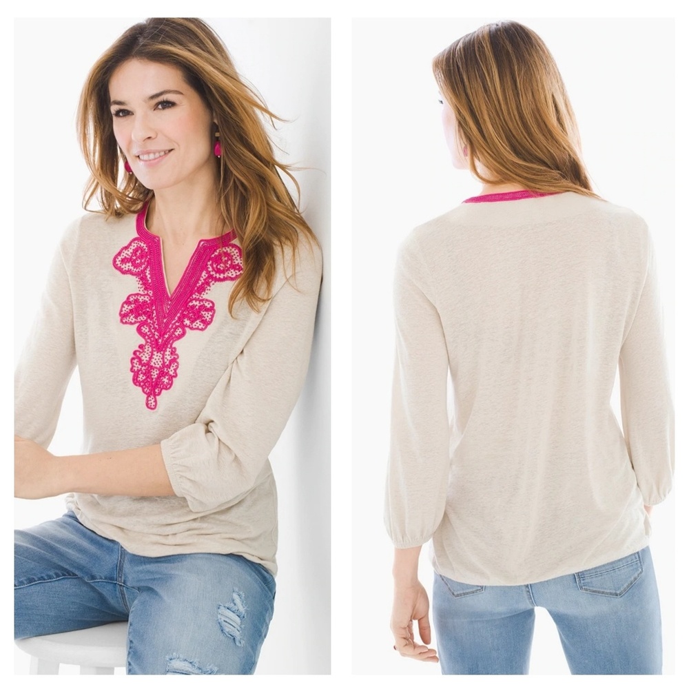 Chicos Embellished Split Neck Top - Picture 1 of 6